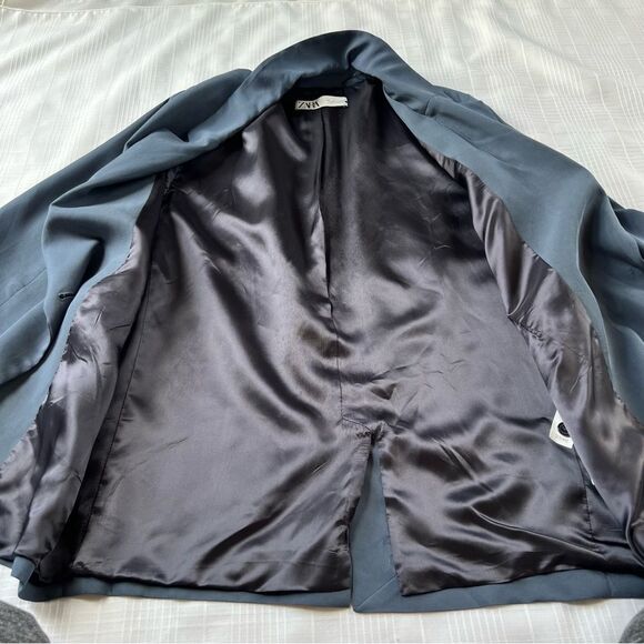 Zara Oversized Slate Blue One Button Front Faux Pocket Soft Blazer Size L - Picture 16 of 16